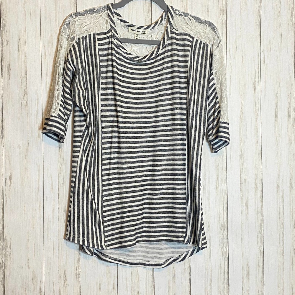 Gray / White Striped Lace Detail Sweater
